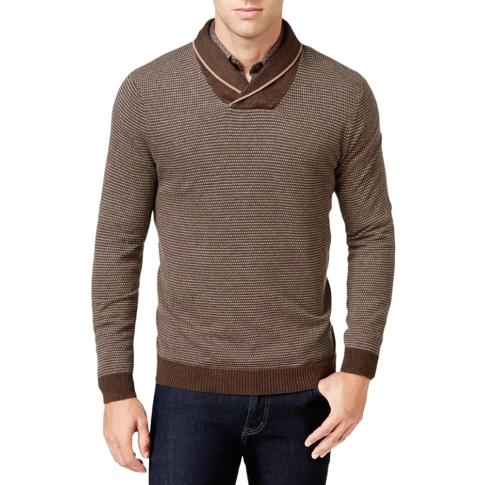 Tasso Elba Brown Rice Stitch Shawl Collar Sweater Fall Preppy Travel Winter
